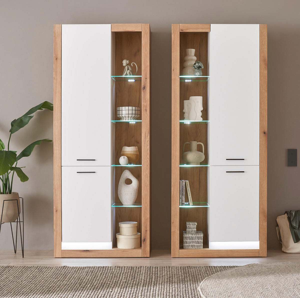 VITRINEN-SET 2-teilig weiß matt, Evoke Eiche, 2 x Vitrinenschrank - Eichefarben/Silberfarben, Glas/Holzwerkstoff (180/195/37cm) - Furn.Design