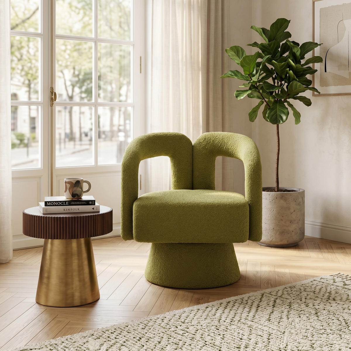 FOTOLIU Scaun rotativ la 360°, scaun tapițat cu structură Boucle - măsliniu, material textil (67/74/55cm) - Urban Meuble