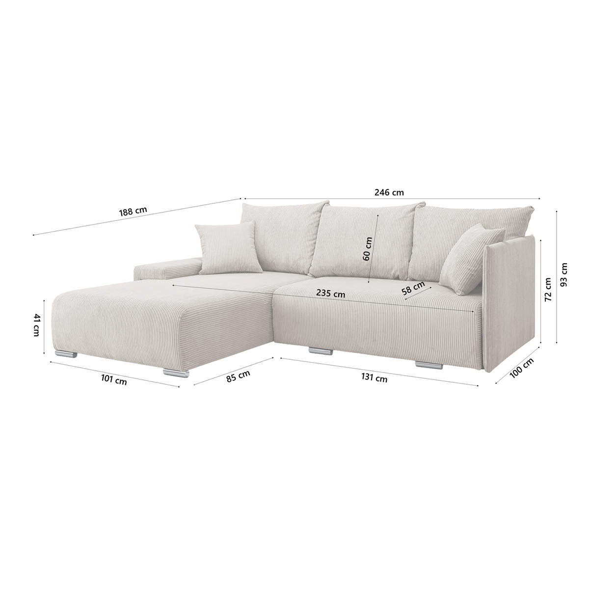 ECKSOFA TRAWANGA L mit Schlaffunktion, Creme - Creme, Textil (246/188cm) - Fedve
