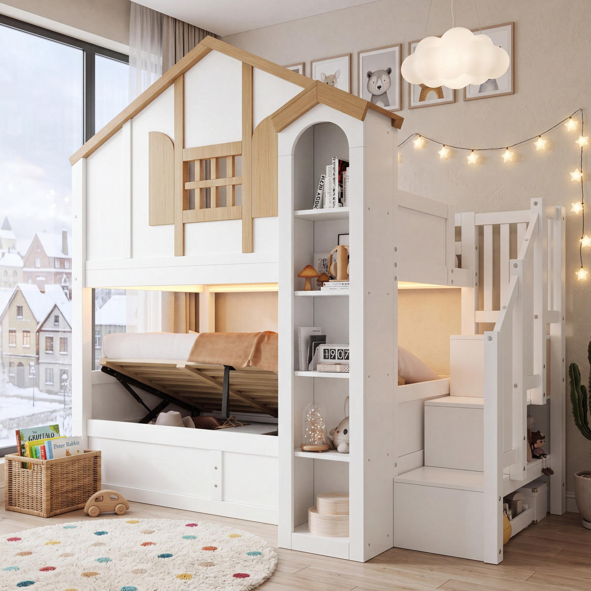 ETAGENBETT 2x 90x200 cm in Weiß mit Stauraumtreppe, LED und hydraulischem Bettkasten - Weiß, Holz (90/200cm) - IVMEU