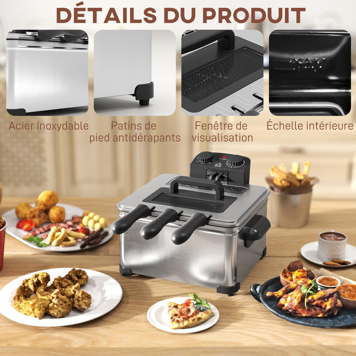 FRITTEUSE DE-17450 5 L, 2000 W mit Timer und Sichtfenster Schwarz - Silberfarben, Metall (35/23/49.5cm) - ComfortXL