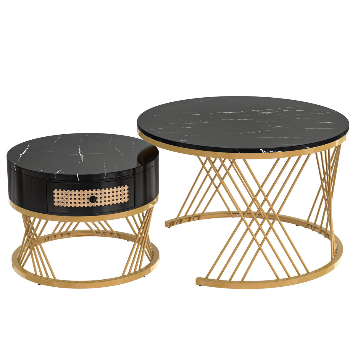 COUCHTISCH-SET rund 70/70/45,5 cm aus MDF mit Schublade in Schwarz/Gold - Schwarz, Holzwerkstoff (70/70/45.5cm) - Flora Grace