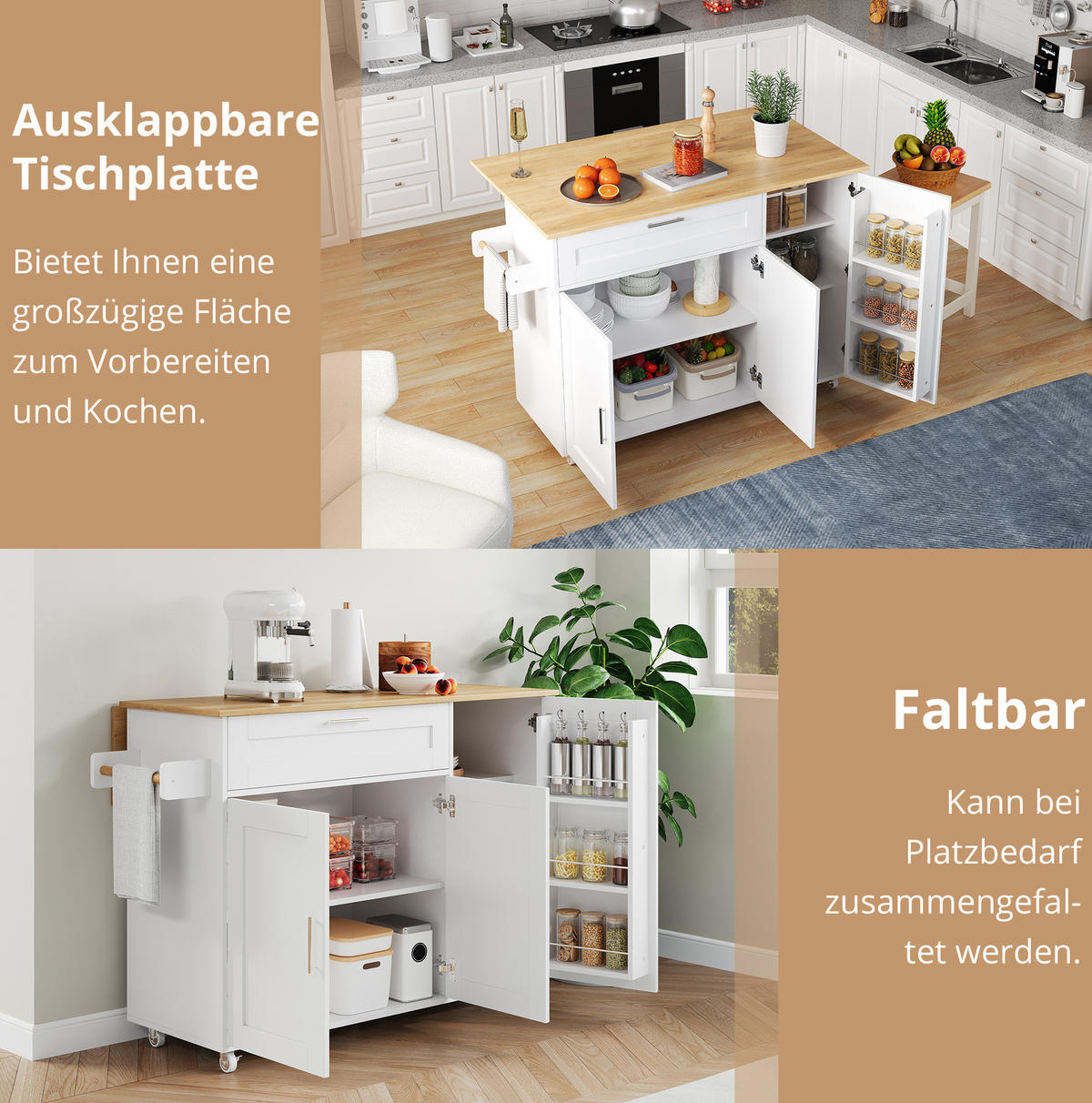 KÜCHENINSEL 132,5/44(70)/90 cm mit klappbarer Arbeitsplatte, viel Stauraum und 5 Rollen aus MDF, Weiß/Natur - Weiß, Holzwerkstoff (132.5/90/70cm) - Redom