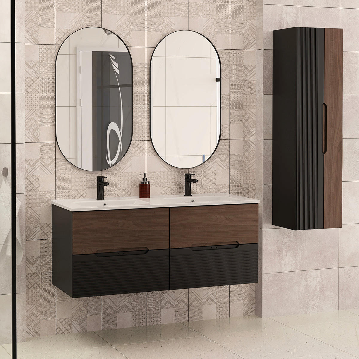 KOUPELNOVÝ NÁBYTEK 120.6cm Sylla 2er-Set Černá a dřevěná - černá, kompozitní dřevo (120.6/52.2/45.8cm) - Petits-meubles