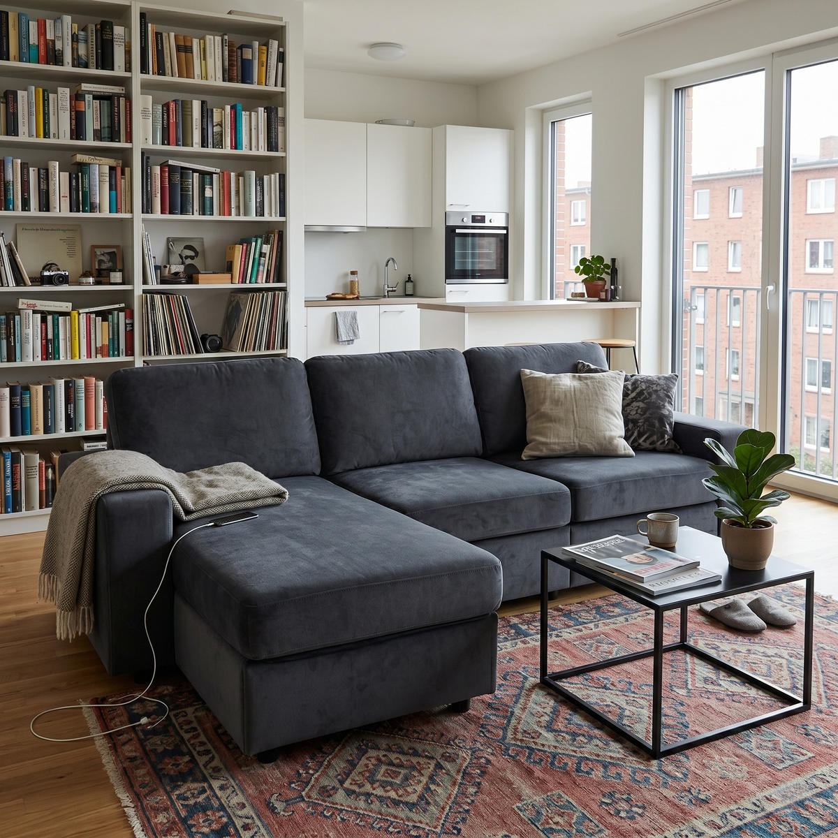 ECKSOFA Polyester Dunkelgrau mit Ottomane und Stauraum - Dunkelgrau, Holzwerkstoff/Textil (245.5/150.5cm) - WISHDOR