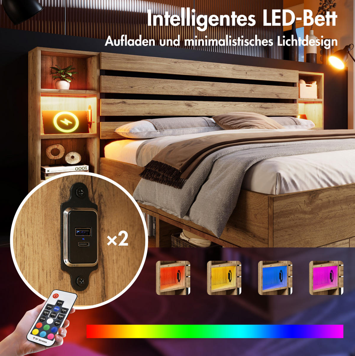 POLSTERBETT 180/200 cm Eiche aus Holz und Metall mit LED und Stauraum - Eichefarben, Metall (180/200cm) - OKMYHOME