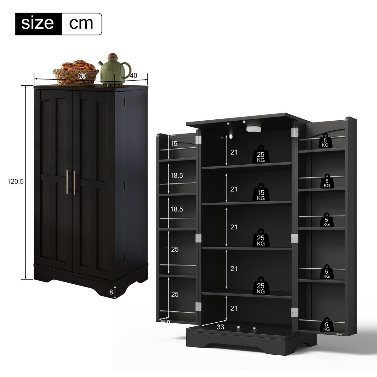 MODERNER Hochschrank aus MDF mit 3D-Wellentüren, LED-Sensorlicht und verstellbaren Regalböden, 120/60/40 cm, Schwarz - Schwarz, Holzwerkstoff (60/120/40cm) - Redom