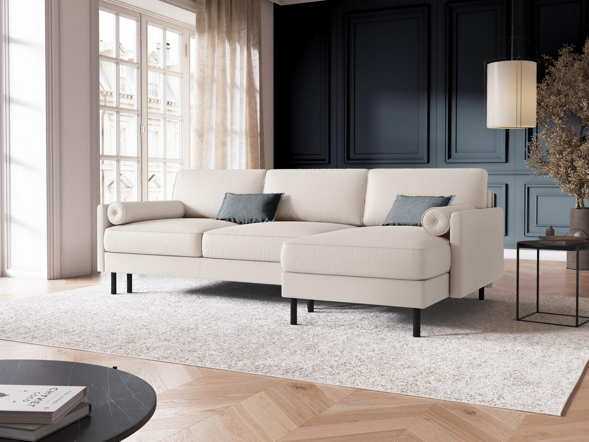 AUSKLAPPBARES-ECKSOFA rechts mit Container Scott aus strukturiertem Stoff leichtes beige 5 Sitzplätze - Beige, Textil (142/212cm) - Micadoni