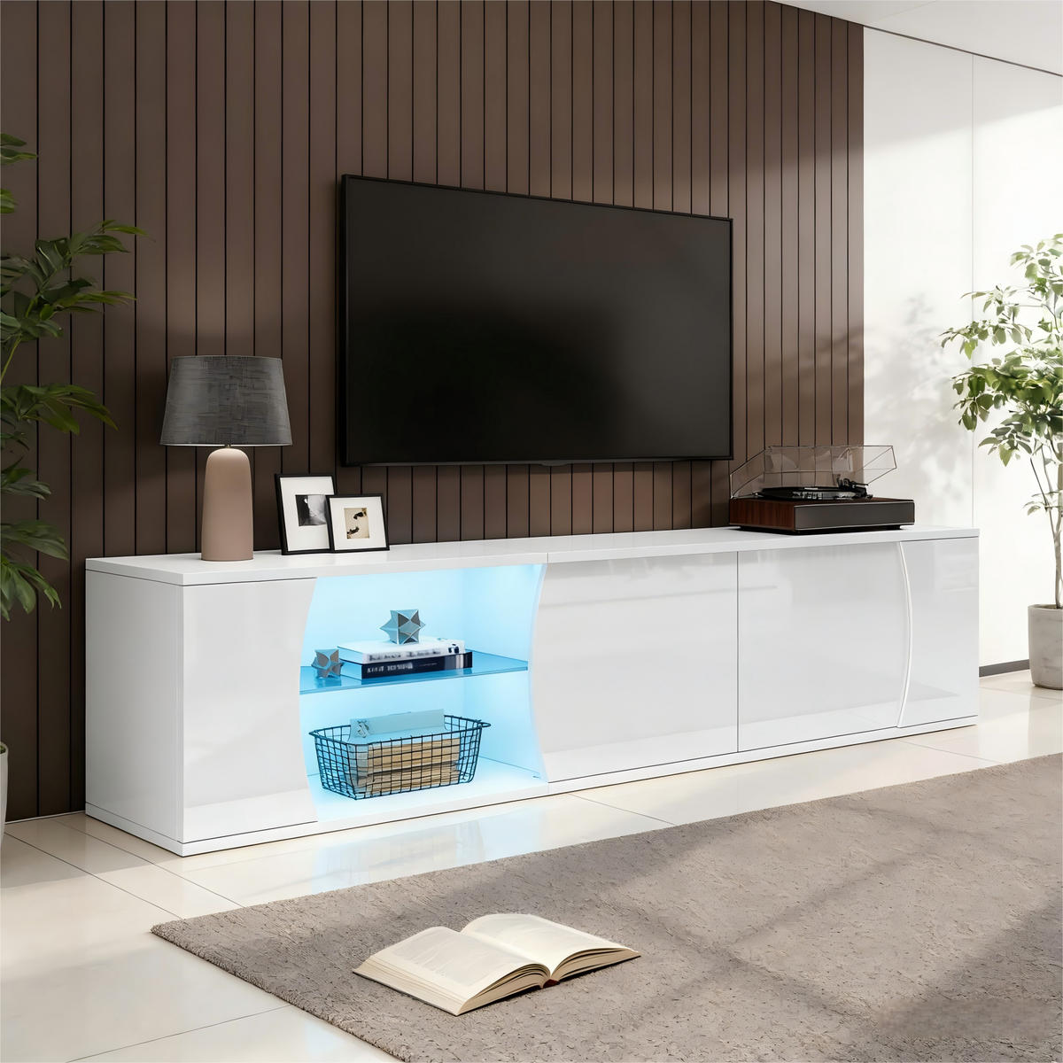 TV-ELEMENT180CM Weiß Hochglanz LED-Beleuchtung für 80-Zoll-Fernseher - Weiß, Holz (54.99/20.5/80.49cm) - Raelunyi