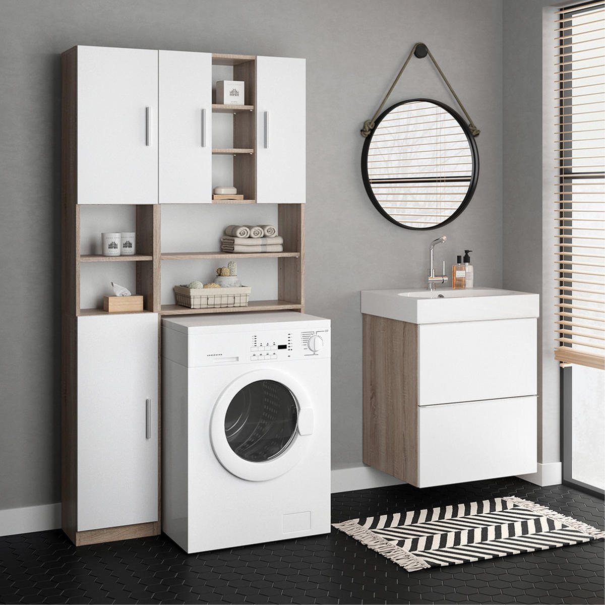 BADSCHRANK Luis Sonoma 32 x 190 cm - Weiß/Sonoma Eiche, Holzwerkstoff (32/190/25.8cm) - Vicco