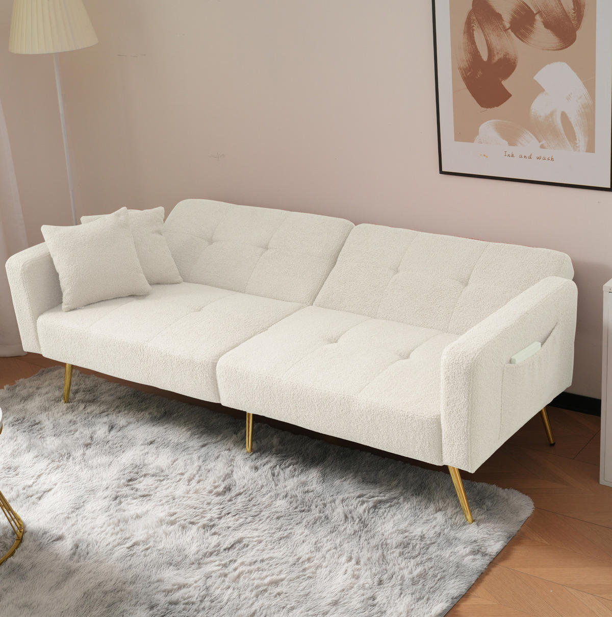 SCHLAFSOFA aus Lammwollstoff 175x64x72 cm Weiß mit Bettfunktion, verstellbarer Rückenlehne und Seitentaschen - Weiß, Kunststoff (175/72/64cm) - Modfu