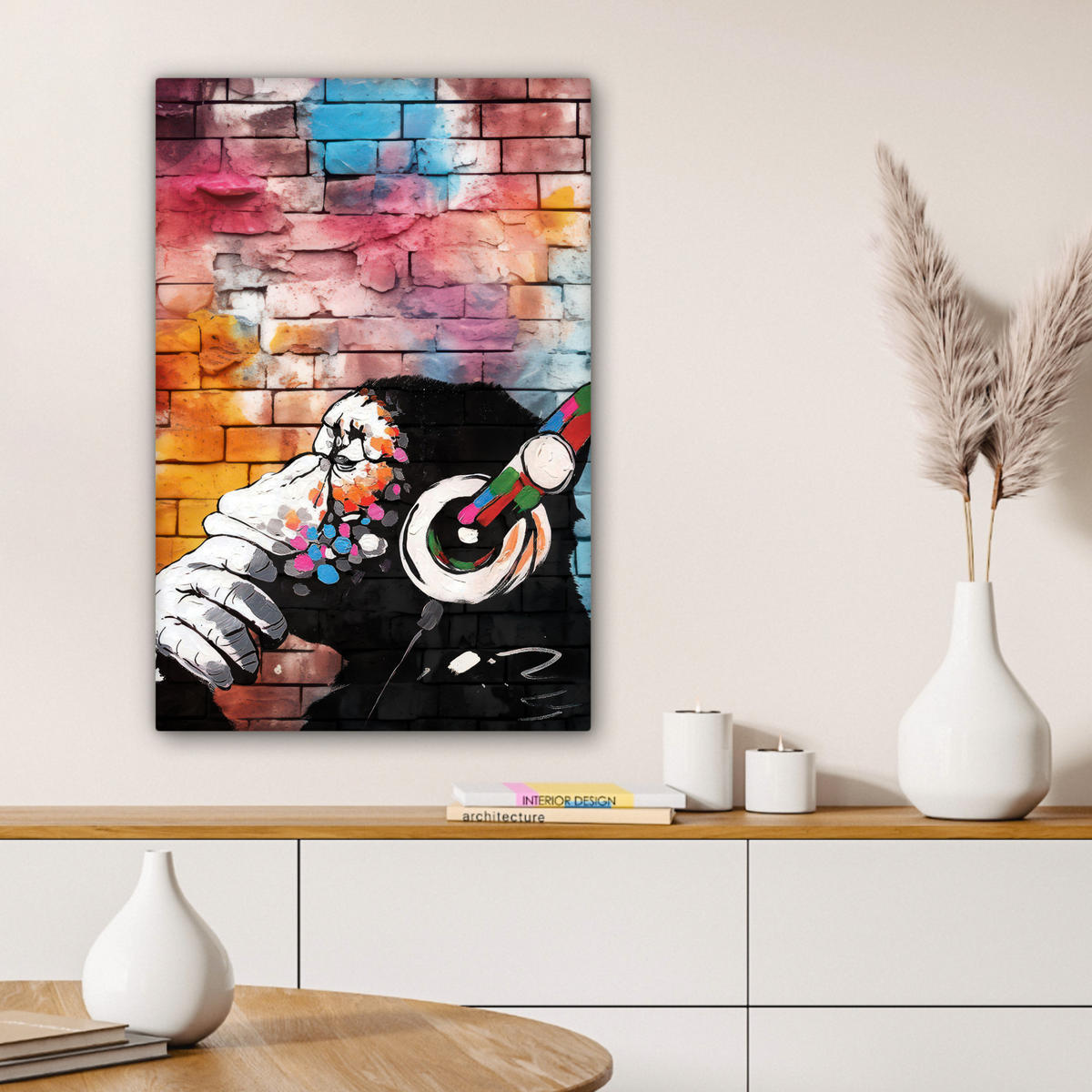 LEINWANDBILD Affe - Graffiti - Musik Wanddeko Schlafzimmer 60x90 cm - Multicolor, Textil (60/90cm) - MuchoWow