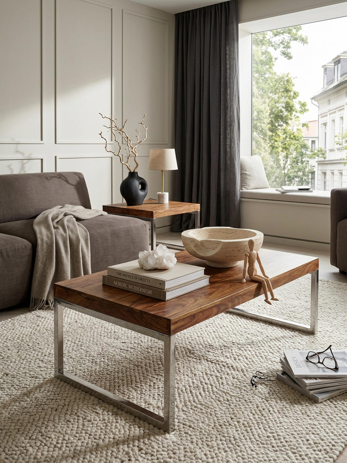 COUCHTISCH Massivholz mit Chromfüßen Handgefertigt, Braun 120x60x40 cm - Silberfarben/Braun, Holz/Metall (60/120/40cm) - KADIMA DESIGN