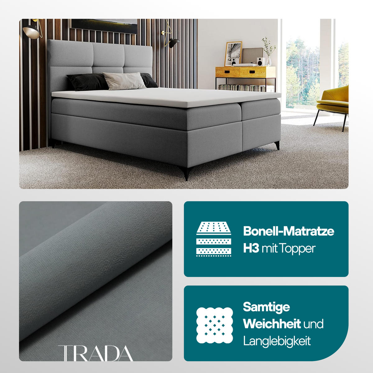 BOXBETT 140 x 200 cm mit Bettkasten und Bonellmatratze H3, LIMBA, mit Topper 5 cm und Metallfüße, Grau - Schwarz/Grau, Holzwerkstoff/Kunststoff (140/200cm) - Trada