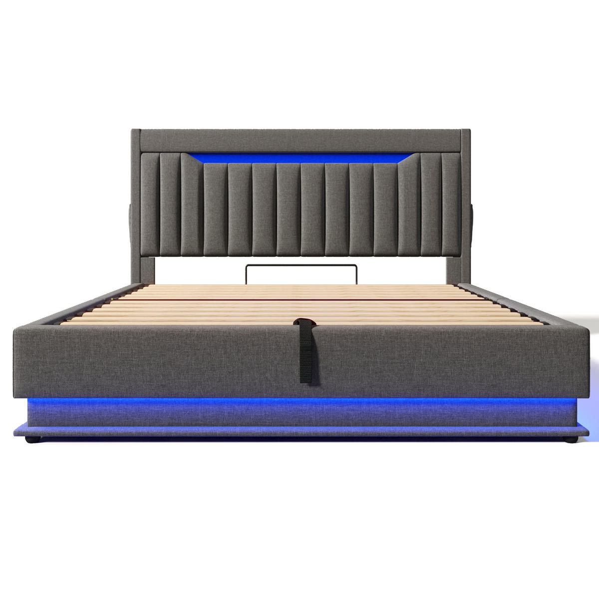 POLSTERBETT aus Leinen 140x190 cm Grau mit LED-Beleuchtung, USB-C und hydraulischem Bettkasten - Grau, Textil (140/190cm) - IVMEU