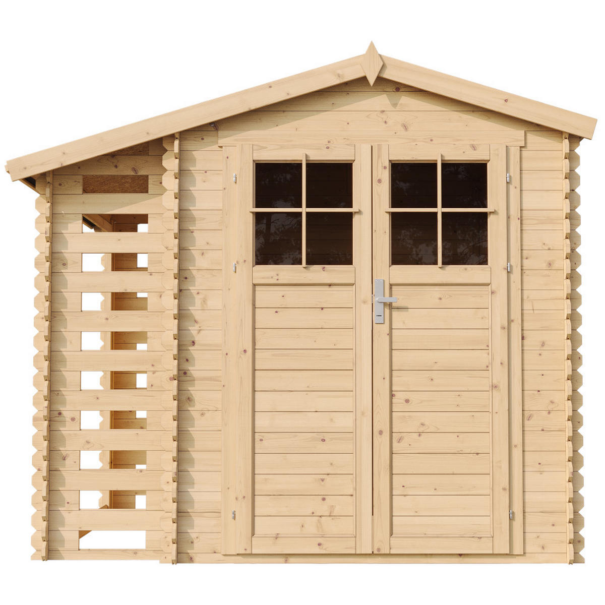 HOLZHAUS GARTENHAUS mit Brennholzschuppen -Hochwertige abschließbare Tür - 3,53 + 0,97 m2 - M386F - Beige, Holz (272/218/206cm) - Timbela