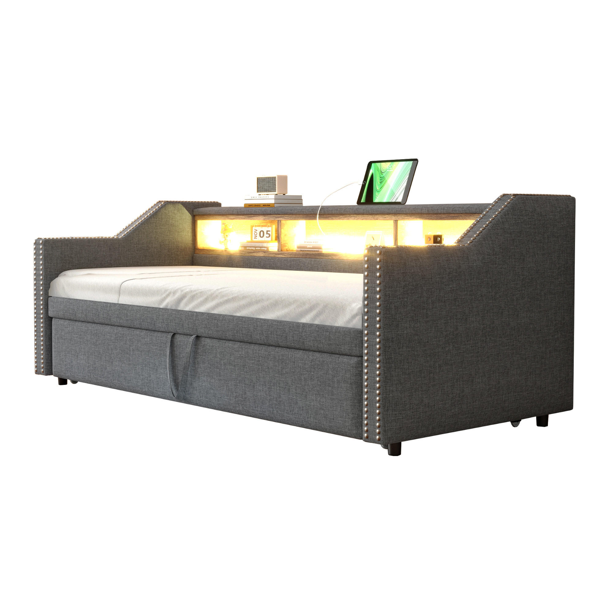 AUSZIEHBETT 90/180×190 cm Dunkelgrau mit LED-Beleuchtung und USB-Anschluss - Dunkelgrau, Textil (90/190cm) - Flora Grace