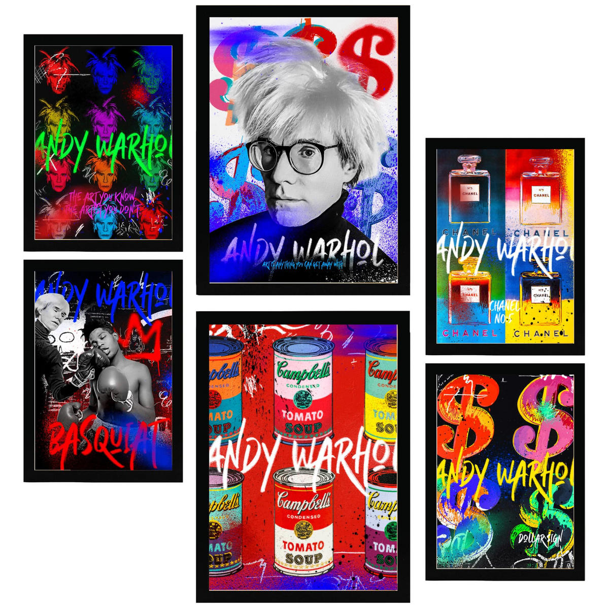 POSTER Set Mit 6 Iconico Graffiti Pop Di Andy Warhol A3 & A4 Schwarzer Rahmen - Schwarz, Papier (29/3cm) - Nacnic