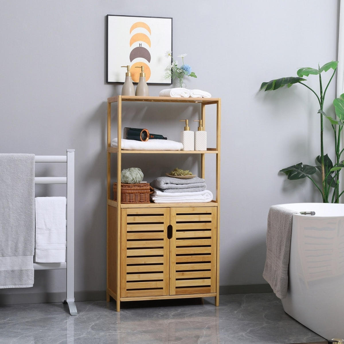 BEISTELLSCHRANK 60x30x120 cm Natur aus Bambus mit lamellierter Tür & Kippschutz - Naturfarben, Naturmaterialien (60/120/30cm) - Modfu
