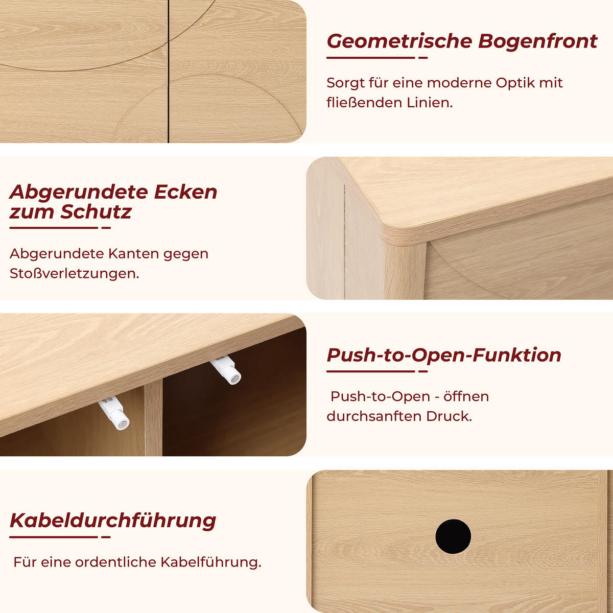 TV Lowboard Holz mit 3 Türen und Stauraum, B150 x T40 x H48 cm - Eichefarben, Holzwerkstoff (150/48/40cm) - Hometopia