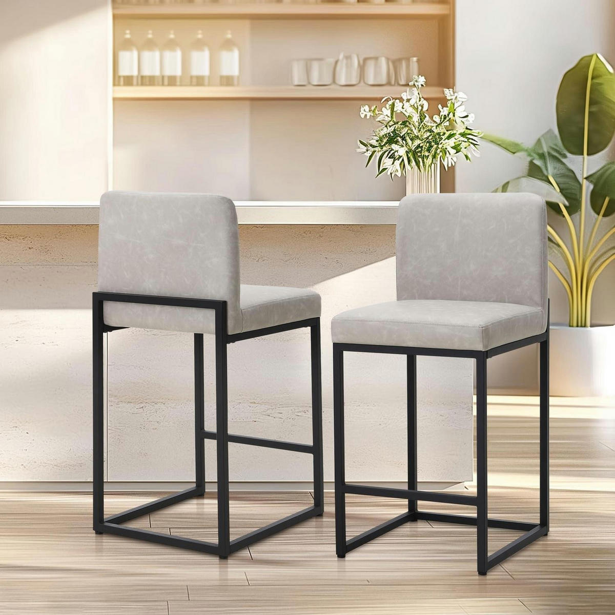BARHOCKER 2er Set mit Lehne PU-Leder Beige - Grau, Kunststoff (52.5/87/41cm)