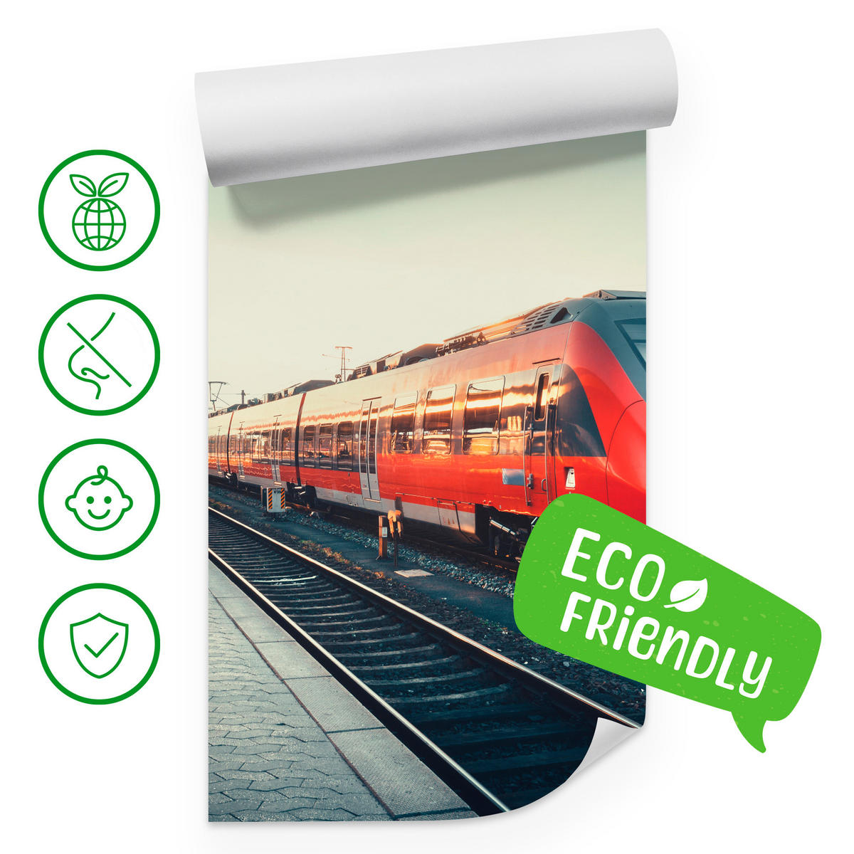 FOTOTAPETA Pre Obývaciu Izbu Moderný Červený Vlak Stanica Koľajnice 150 x 105 cm - hnedá/sivá, papier (150/105cm) - Muralo