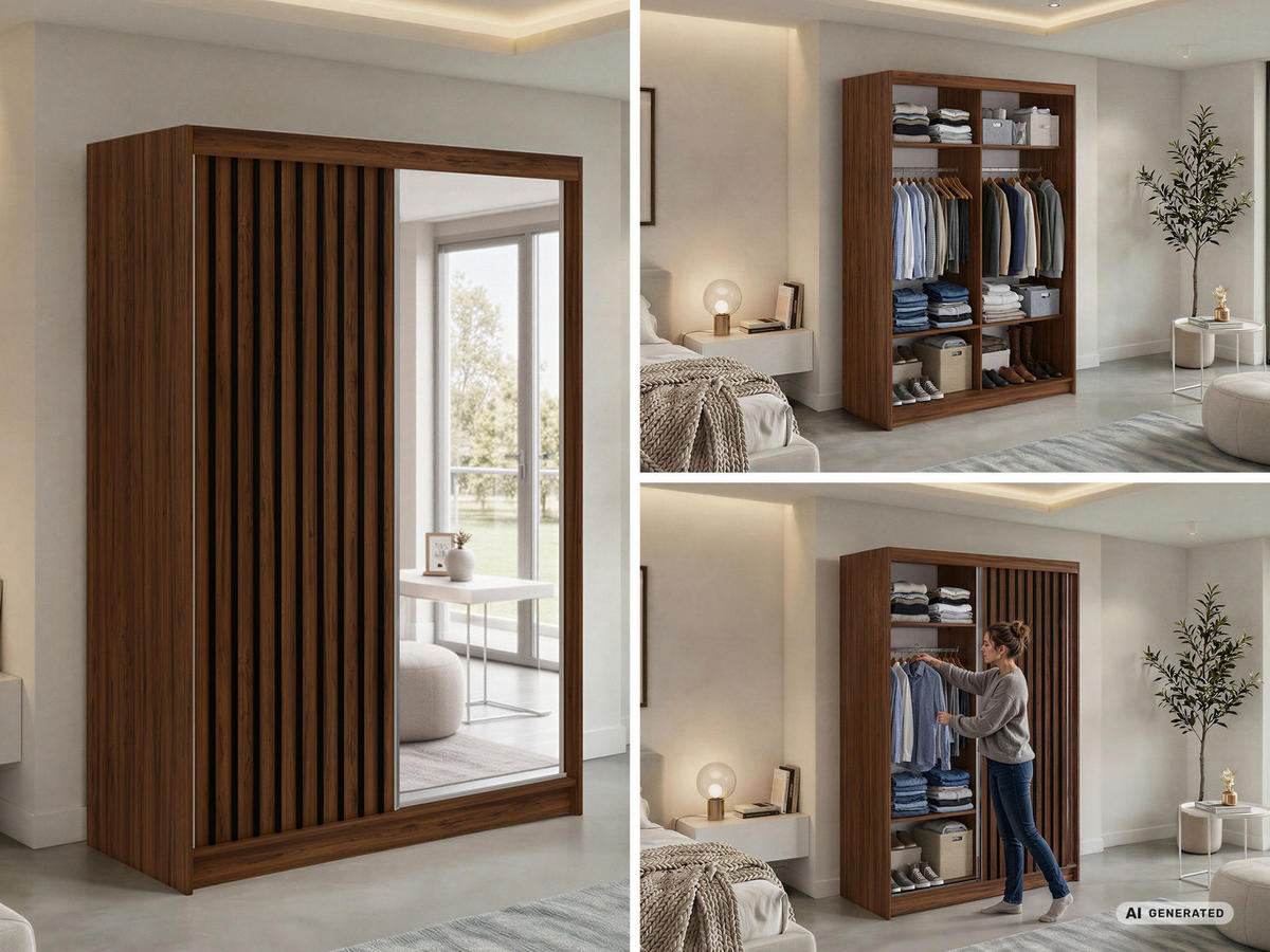 SCHWEBETÜRENSCHRANK mit Spiegel LAOS - 150 - Warmia Walnuss - Schwarz Lamellen - Walnussfarben/Alufarben, Holzwerkstoff/Metall (150/216/61cm) - MKS