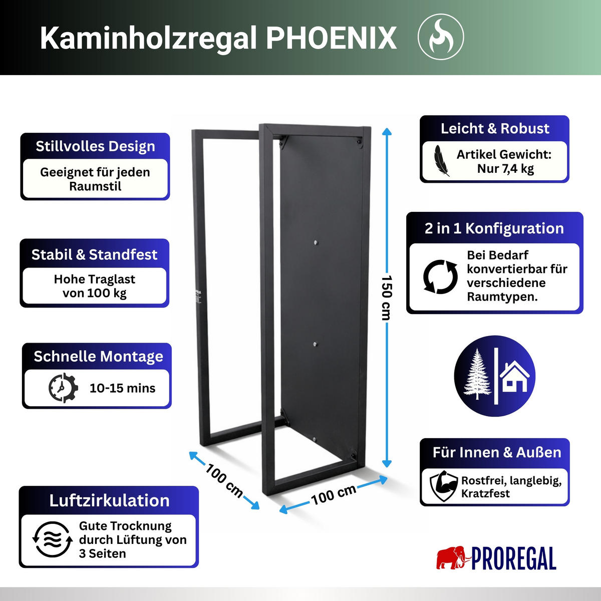 KAMINHOLZREGAL Phoenix innen & außen für Wandmontag 92x41x31cm Schwarz - Schwarz, Metall (41/92/31cm) - PROREGAL