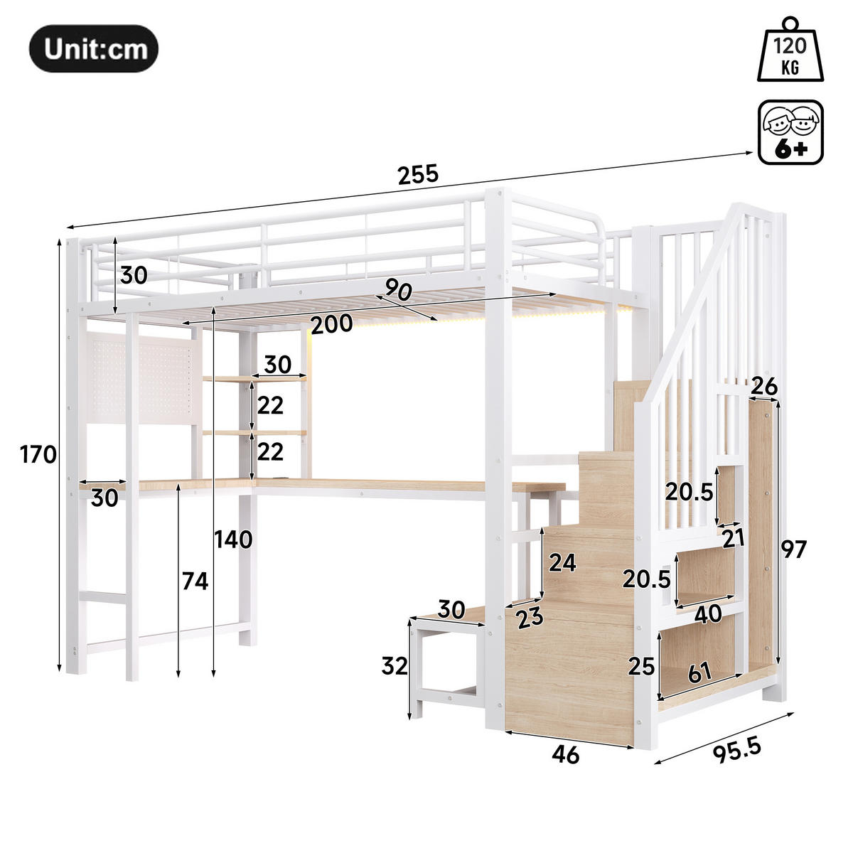 HOCHBETT Metall/MDF 90x200 cm Weiß mit Schreibtisch, Stauraumtreppe, Regalen, Lochwand, LED & USB - Weiß, Holzwerkstoff (90/200cm) - Modfu
