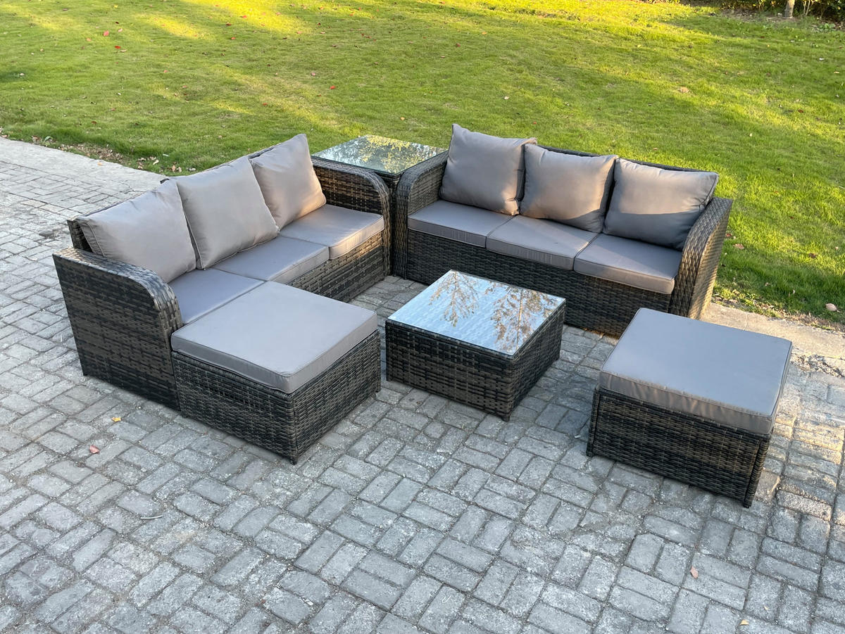 GARTENMÖBEL SET mit 3-SITZER SOFA Polyrattan Dunkelgrau 8-Sitzer - Dunkelgrau/Grau, Glas/Kunststoff - Fimous