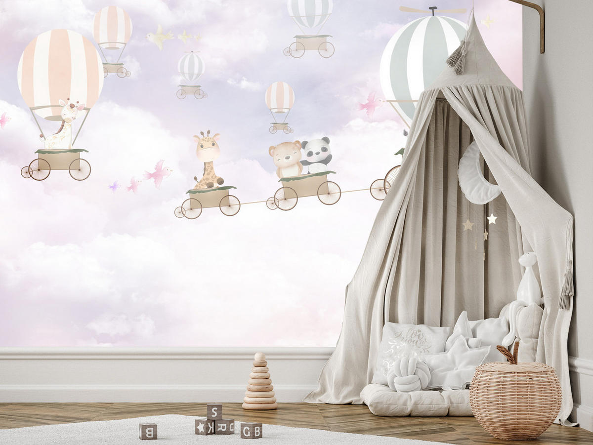 FOTOTAPETE für Kinderzimmer Tiere Wolken Luftballons 450x315 - Beige/Violett, Papier (450/315cm) - Muralo