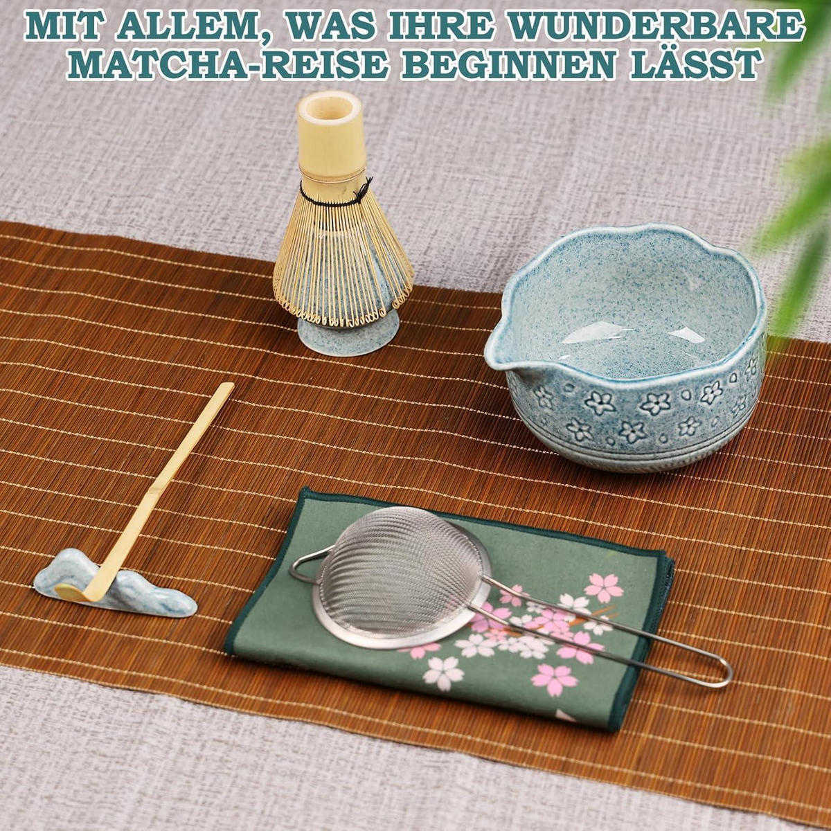 MATCHA Set 7-teiliges traditionelles Tee-Set mit Bambusbesen und Schale - Dunkelblau, Keramik (15/10/15cm)