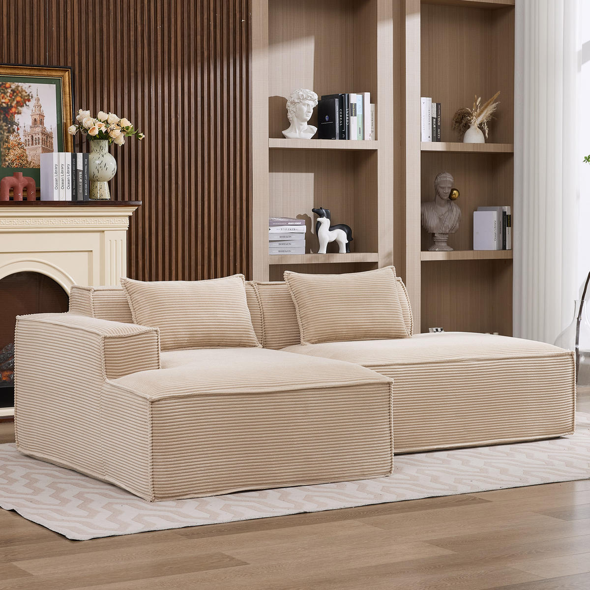 ECKSOFA Polyester Khaki mit Kissen - Hellbraun, Textil (235/129cm) - WISHDOR