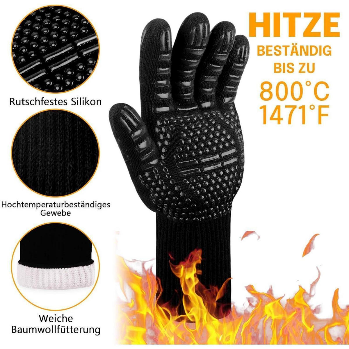 GRILLHANDSCHUHE Hitzebeständig bis 800°C Gold - Schwarz, Textil (15/3/32cm)