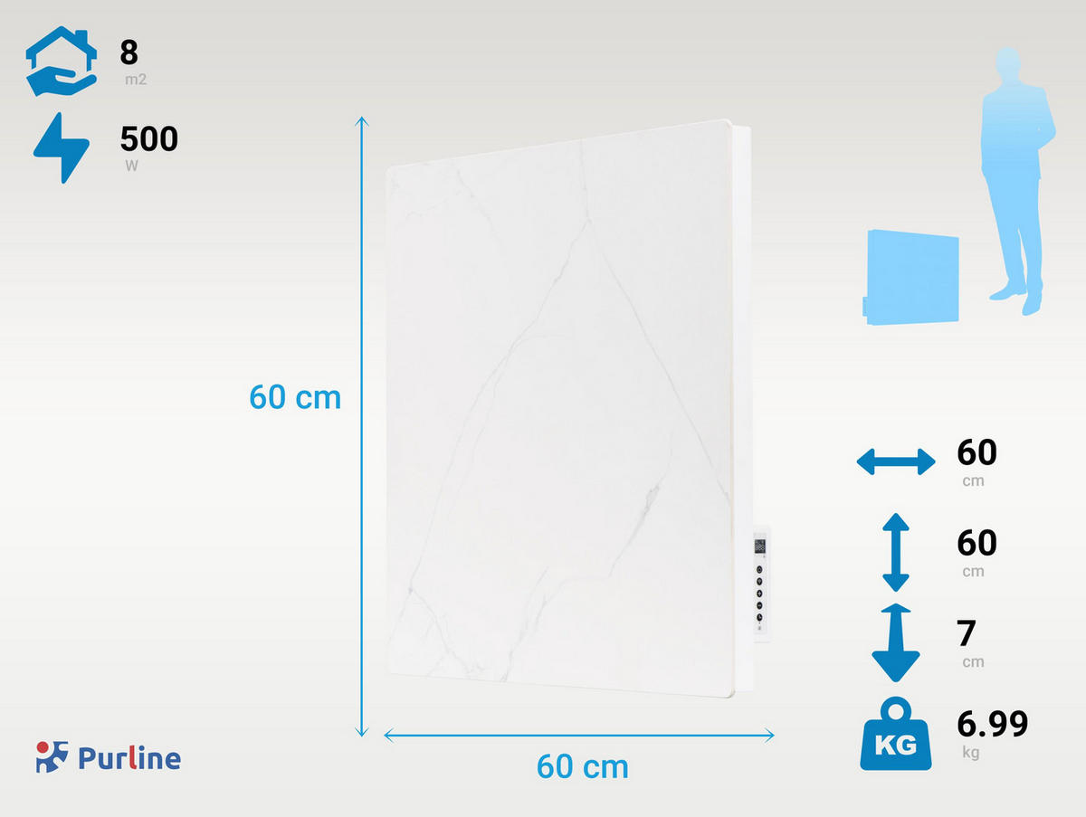 HEIZKÖRPERPANEEL Weiß mit Marmoreffekt und WiFi-App-Steuerung 500 W - Weiß, Keramik (60/60/7cm) - Purline