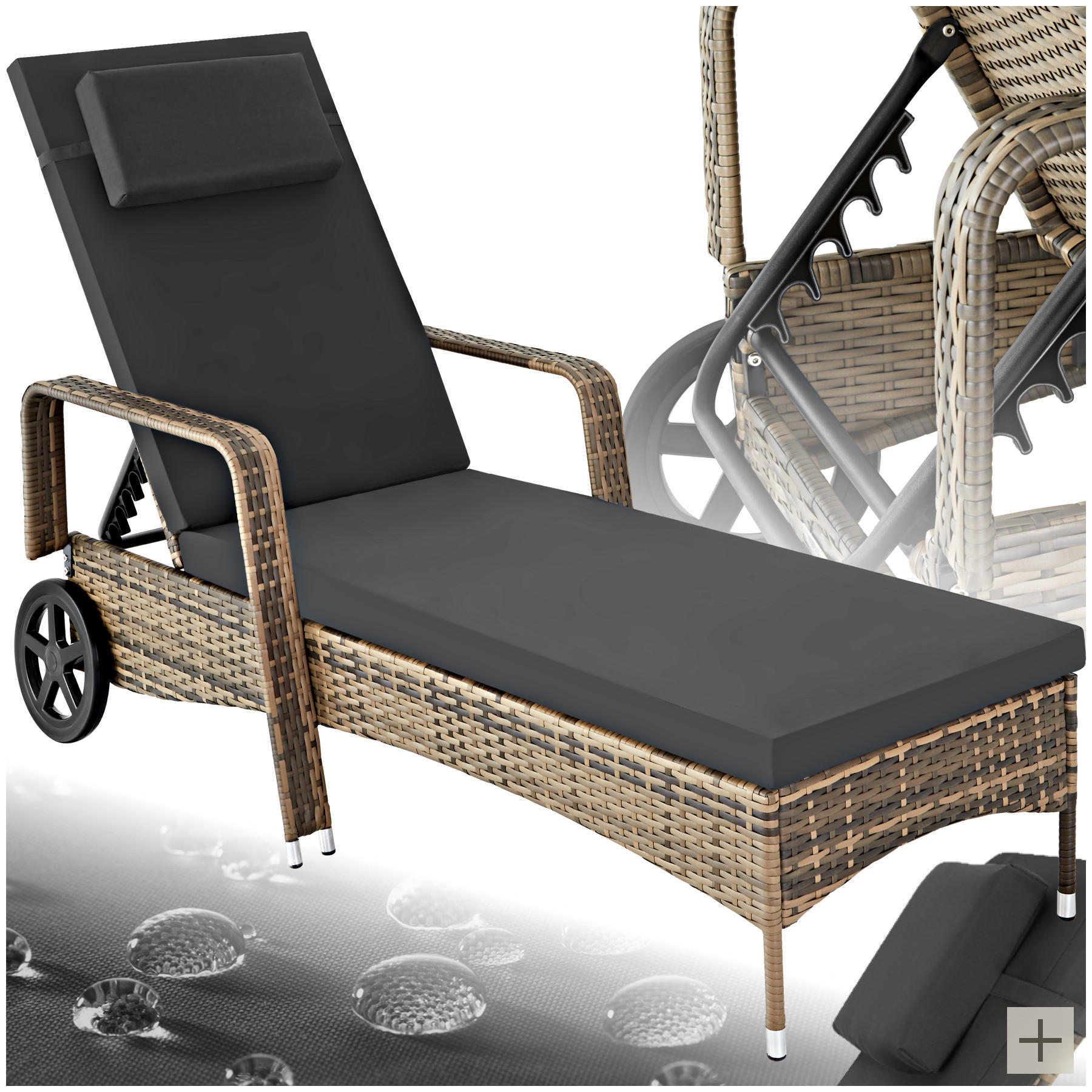 RATTAN-SONNENLIEGE ,200 x 70 x 33 cm,natur/dunkelgrau - Naturfarben, Kunststoff (70/33/200cm) - tectake