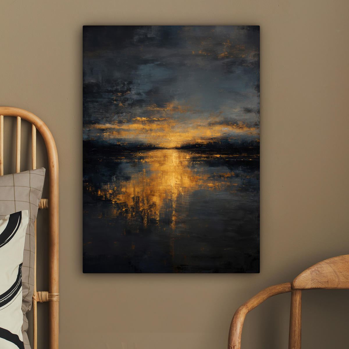 LEINWANDBILD Goldene Reflexion auf dem Wasser Wandbild Wohnzimmer 60x80 cm - Anthrazit, Textil (60/80cm) - MuchoWow