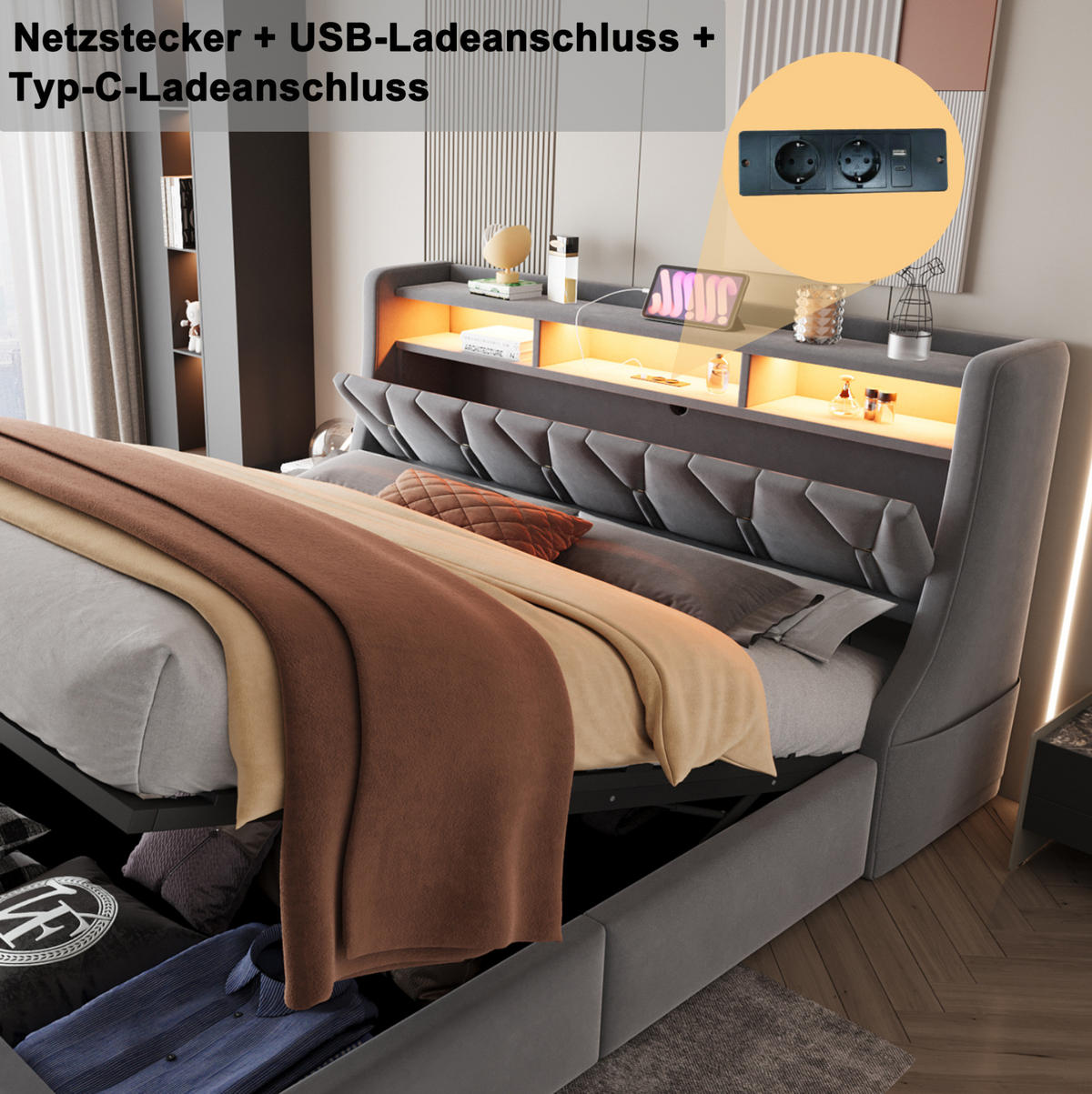 POLSTERBETT 180/200 cm Grau aus Samtstoff mit Stauraum - Grau, Textil (180/200cm) - OKMYHOME