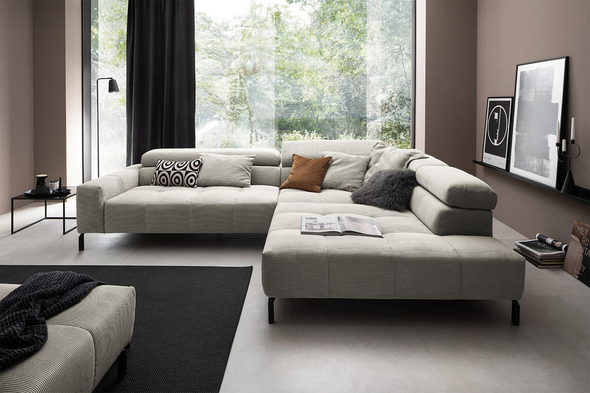 ECKSOFA OHIO Silber Cord - Silberfarben/Schwarz, Textil/Metall (311/219cm) - KAWOLA