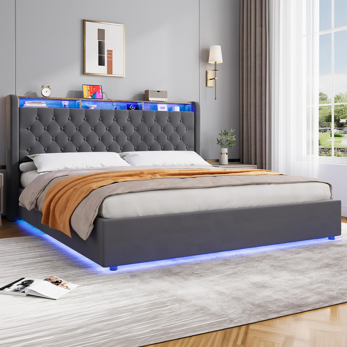 ČALOUNĚNÁ postel 180/200 cm tmavě šedá ze sametu s úložným prostorem v čele postele a postelovou skříní - tmavě šedá, textil (180/200cm) - OKWISH