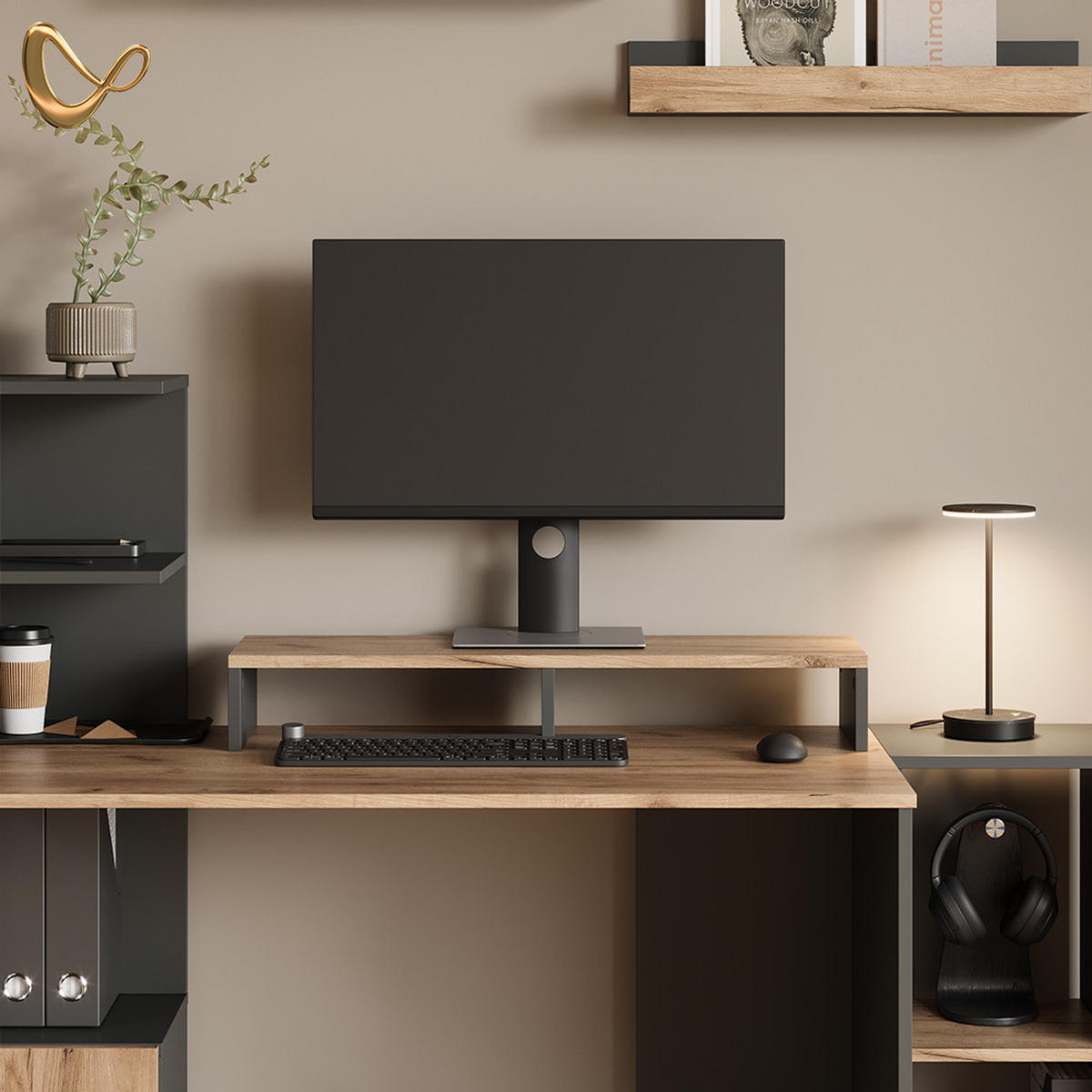 MONITORSTÄNDER Lorena Anthrazit/Goldkraft Eiche 80 x 12 cm - Anthrazit, Holzwerkstoff (23.5/80/12cm) - Livinity®