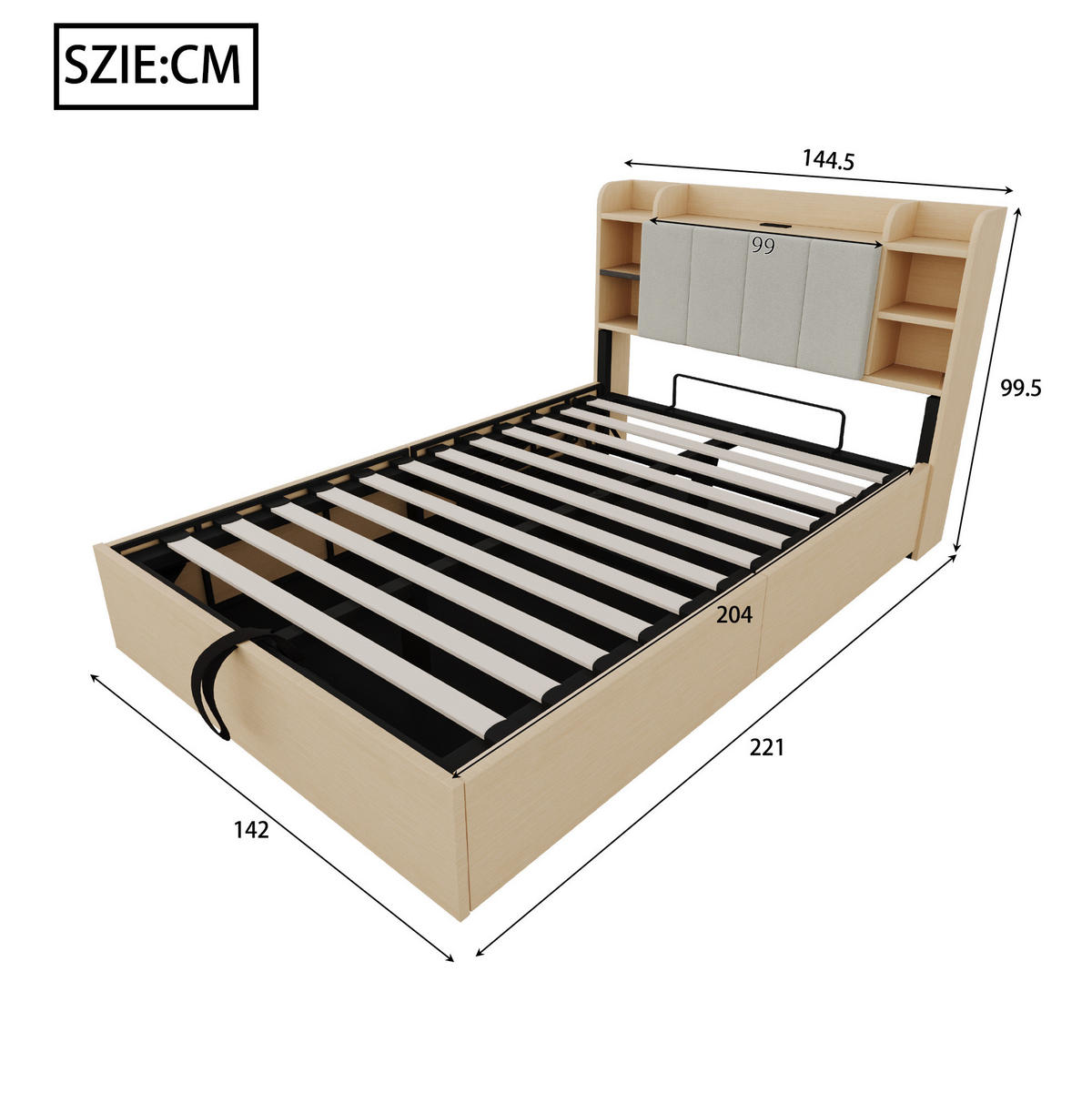 BETT 140/200 cm mit hydraulischem Bettkasten, Kopfteil mit Stauraum, USB- und USB-C-Anschluss, MDF, farbe - Naturfarben, Holzwerkstoff (140/200cm) - Redom