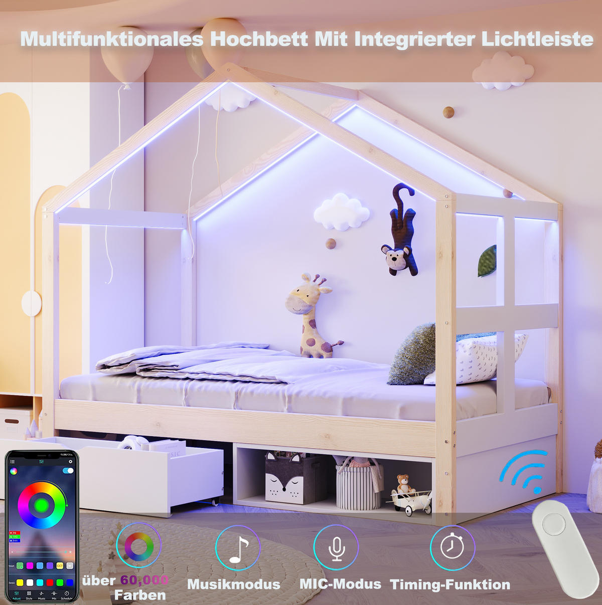 HAUSBETT 90/180 cm Weiß/Holzfarben aus Holz mit LED und Stauraum - Eichefarben, Holzwerkstoff (90/190cm) - OKWISH