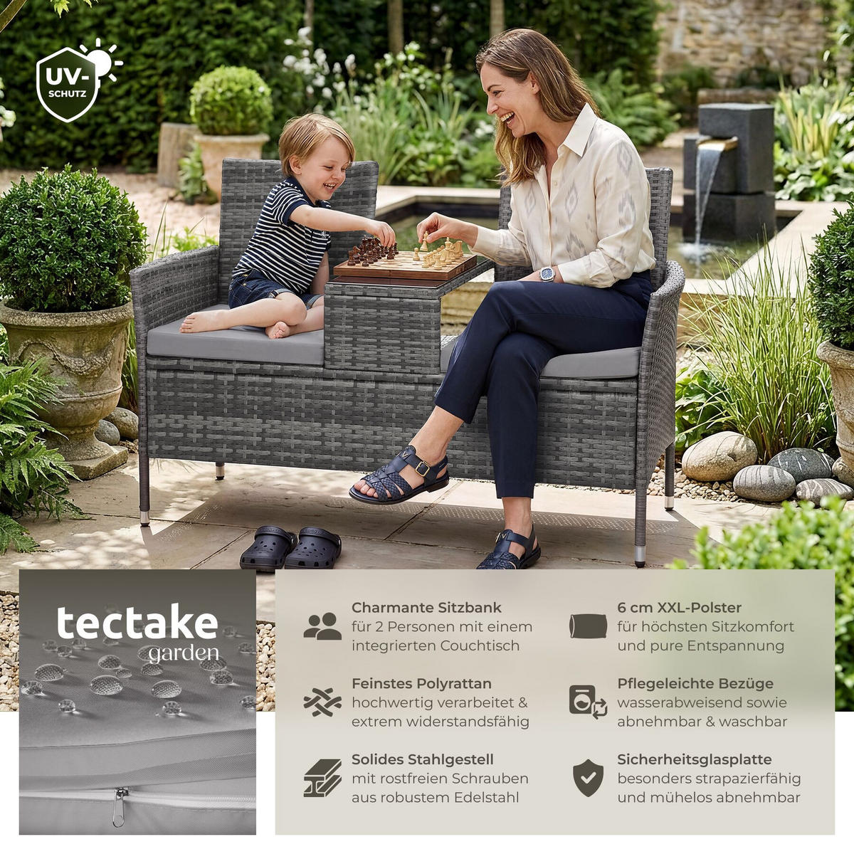 RATTAN GARTENSITZBANK Narbonne, 6 cm Sitzpolster, grau/hellgrau - Grau, Kunststoff (61/82/131cm) - tectake