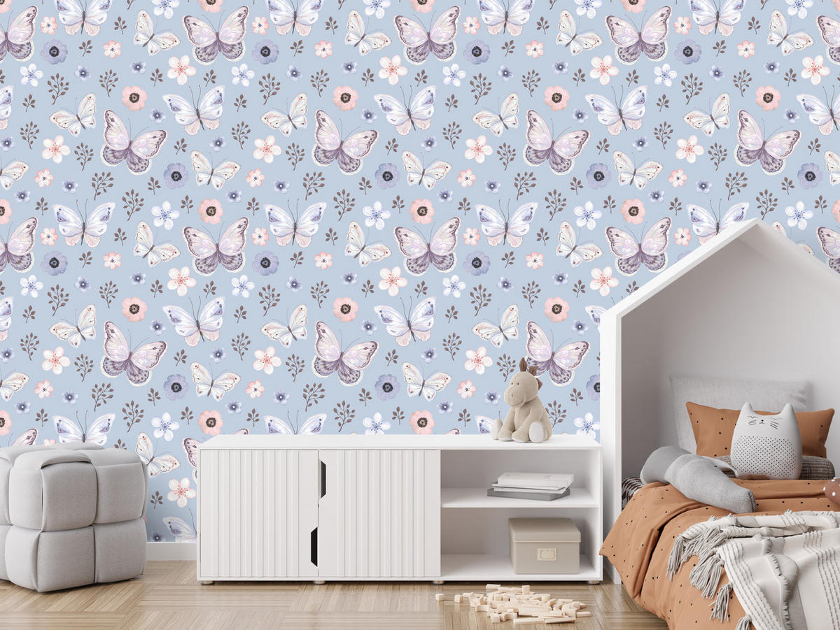 VLIESTAPETE Schmetterlinge und Wiesenblumen – Lila, Rosa, Weiß – 50x1000 cm - Lila/Rosa, Papier (50/1000cm) - Muralo