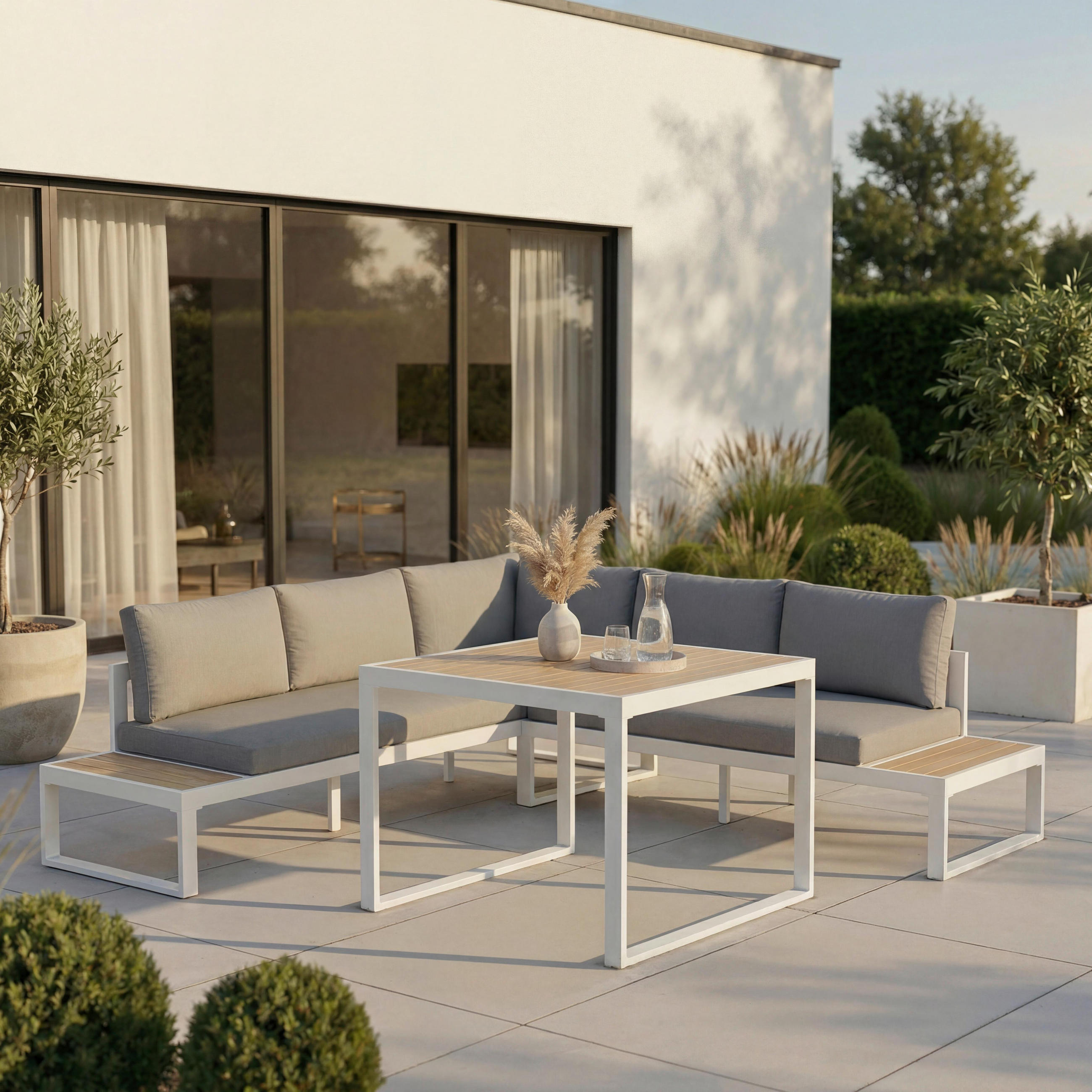 DINING-LOUNGESET Veneya Grau Outdoorstof/Metall/Polywood - Hellgrau, Metall - Bessagi Garden