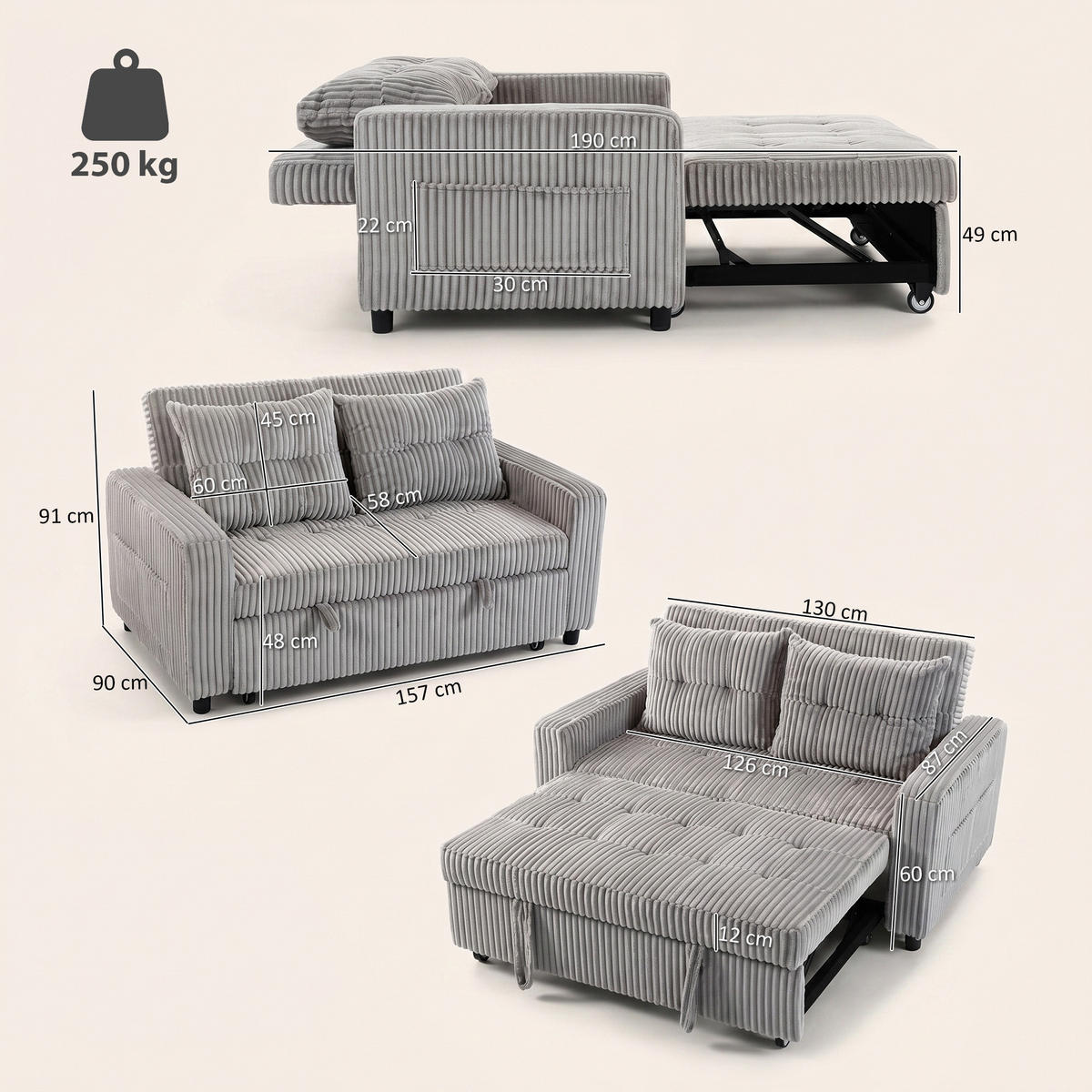 2-SITZER Schlafsofa Hellgrau 157.0/90.0/91.0 cm - Hellgrau, Textil (90/91/157cm)