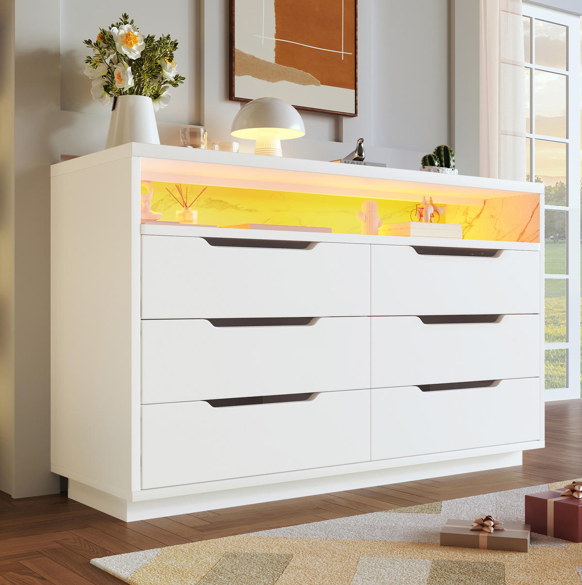 SIDEBOARD 120/40/85 cm in Weiß mit 6 Schubladen & LED-Beleuchtung - Weiß, Holzwerkstoff (120/85/40cm) - BEAOK