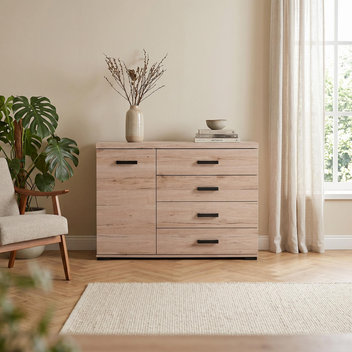 KOMMODE LIVORNO 120/85/40cm mit 4 Schubladen 1 Türen Eichefarben - Eichefarben, Holzwerkstoff (120/85/40cm) - MASSENO