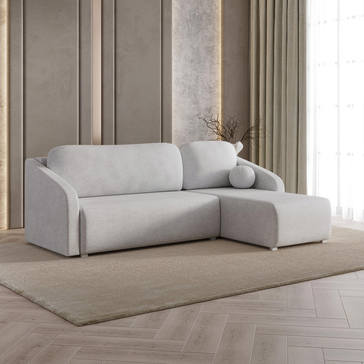 ECKSOFA MARELLO Hellgrau Geflochtener Stoff mit Schlaffunktion - Hellgrau, Holz (220/143cm) - MASSENO